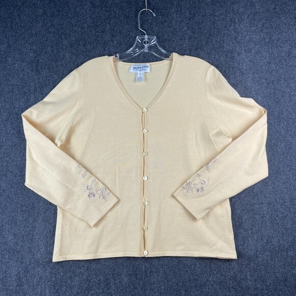 Pendleton V-Neck Button front Cardigan Size Medium Yellow Silk Blend Embroidery - Picture 1 of 7